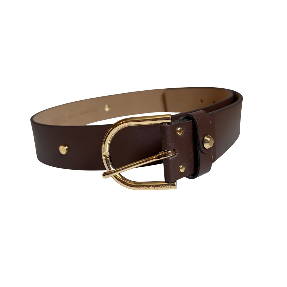 Michael Kors Brown Leather Studded Belt Gold Buckle 556076 Womens Large